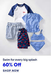 A collection of children's swimwear, including a t-shirt, swim trunks, and a bikini, are neatly arranged on a plain white background.