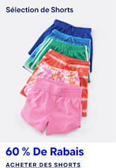 Une rangée de shorts colorés, allant du rose au bleu, est présentée sur un fond blanc uni, avec une publicité pour des soldes en bas.
