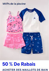 Deux maillots de bain pour enfants, l'un composé d'un débardeur rose à motifs papillons et d'un short rose, et l'autre d'un t-shirt raglan blanc et bleu et d'un short de bain bleu à motifs requins, sont présentés sur un fond uni avec un texte promotionnel en surimpression.