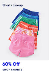 A row of colorful shorts, ranging from pink to blue, are displayed against a plain white background with a sale advertisement at the bottom.