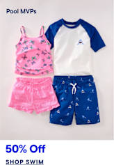 Two children's swim outfits, one with a pink butterfly-patterned tank top and pink shorts, and another with a white and blue raglan shirt and blue shark-patterned swim trunks, are displayed against a plain background with a promotional text overlay.