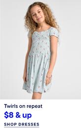 A young girl with curly blonde hair stands in a light blue cherry-print dress against a plain gray background, with text below advertising dresses.