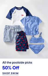 A collection of children's swimwear, including t-shirts, swim trunks, and a bikini, are arranged on a plain white background with promotional text at the bottom.