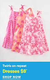 Three tiered sundresses in pink and orange floral and palm tree patterns hang against a white background, with a blue banner at the bottom advertising "Dresses $8*".