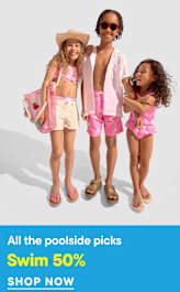 Three children in swimwear stand smiling against a plain gray background, with a blue banner at the bottom advertising a swim sale.
