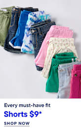 A collection of colorful shorts are neatly arranged in the foreground against a plain white background, with a promotional text overlay at the bottom.