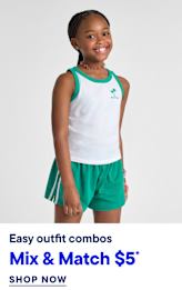 A young girl in a white tank top and green shorts smiles against a plain white background, with text below advertising "Easy outfit combos Mix & Match $5*".