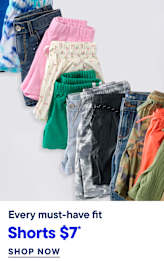 A row of colorful shorts in various patterns and fabrics are displayed against a plain white background, with a promotional text overlay at the bottom.