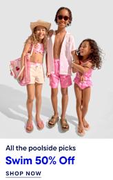 Three children in swimwear stand smiling against a plain white background, with text overlaying the bottom of the image.