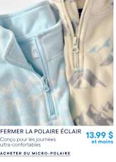 Deux pulls polaires à col zippé, l'un bleu clair et l'autre crème à imprimé montagne, sont présentés sur un fond blanc uni.