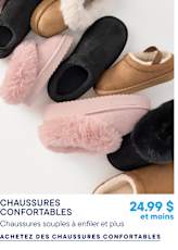 Diverses chaussures confortables à enfiler, noires, roses et marron, sont dispersées sur un fond blanc uni.