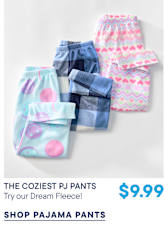 Three pairs of colorful fleece pajama pants in light blue, navy plaid, and pink patterns are arranged on a plain white background.