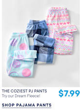 Three pairs of colorful fleece pajama pants in light blue, navy plaid, and pink patterns are arranged on a plain white background.