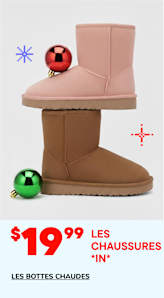 L'image présente une paire de bottes confortables roses et marron, avec des éléments décoratifs colorés sur les côtés, affichées sur un fond uni avec une étiquette de prix et un texte faisant la promotion de « LA chaussure *incontournable* ».