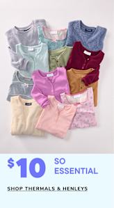 A collection of various colorful and patterned thermal shirts and henley tops is displayed on a white background, with a price tag indicating they are being offered for $10 as an essential sale.