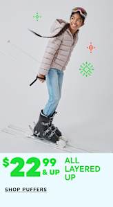 A young person with curly hair wearing a navy blue puffy jacket and smiling against a white background with colorful graphics.