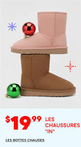 L'image présente une paire de bottes confortables roses et marron, avec des éléments décoratifs colorés sur les côtés, affichées sur un fond uni avec une étiquette de prix et un texte faisant la promotion de « LA chaussure *incontournable* ».