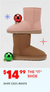 The image shows a pair of pink and tan cozy boots with colorful decorative elements, displayed on a white background with a price tag and text promoting "The 'IT' Shoe".
