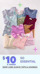 A collection of various colorful and patterned thermal shirts and henley tops is displayed on a white background, with a price tag indicating they are being offered for $10 as an essential sale.