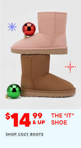 The image shows a pair of pink and tan cozy boots with colorful decorative elements, displayed on a white background with a price tag and text promoting "The 'IT' Shoe".