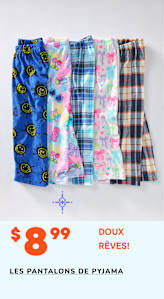 Une collection de pantalons de pyjama colorés et à motifs, comprenant des modèles avec des cœurs, des carreaux et des motifs sur le thème des fêtes, présentée sur un fond blanc avec une étiquette de prix et un texte faisant la promotion des pantalons de pyjama « Doux rêves ! ».