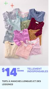 Une pile de pulls colorés à motifs, étiquetés à partir de 20 dollars, accompagnée du texte « Incontournables tout doux » faisant la promotion des ventes de pulls.