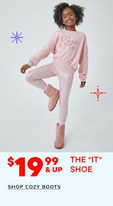 A young woman with curly hair wearing a pink sweatsuit and boots stands in front of a white background, with various graphics and text overlaid on the image promoting a shoe sale.