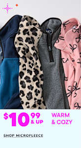 A collection of warm and cozy microfleece clothing items, including a leopard print scarf, a gray sweatshirt, and a pink patterned top, displayed against a plain background with a price tag of $10.99 and up.