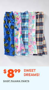 A collection of colorful and patterned pajama pants, including designs with smiley faces, butterflies, and plaid, are displayed on a plain background with a price tag of $8.99 for "Sweet Dreams!" pajama pants.