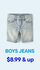 Light wash denim shorts for boys are displayed against a pale blue background with the text "BOYS JEANS $8.99 & up" below.