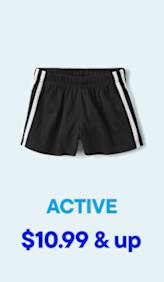 Black athletic shorts with white stripes are displayed on a light blue background with the word "ACTIVE" and pricing below.