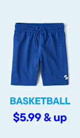 A pair of blue basketball shorts with a white logo is displayed against a light blue background, with the text "BASKETBALL $5.99 & up" below.