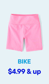 Pink bike shorts are displayed against a light blue background with the word "BIKE" and "$4.99 & up" printed below.