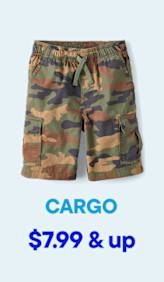 Camouflage cargo shorts are displayed against a light blue background with the word "CARGO" and pricing below.