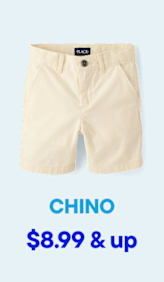A pair of cream-colored chino shorts are displayed against a light blue background with the text "CHINO $8.99 & up" below.