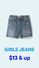A pair of distressed denim shorts with a frayed hem is displayed against a light blue gradient background, with "GIRLS JEANS $13 & up" text below.