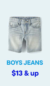 Light wash denim boys' shorts are displayed against a pale blue background with text indicating "BOYS JEANS" and "$13 & up".