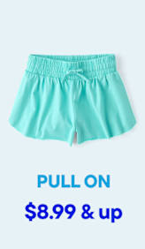 A turquoise swim skirt with a drawstring waist is displayed against a light blue background with text indicating "PULL ON" and "$8.99 & up".