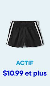 Un short de sport noir à rayures blanches est présenté sur un fond bleu clair avec le mot « ACTIVE » et le prix en dessous.