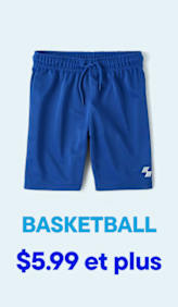Un short de basket bleu avec un logo blanc est affiché sur un fond bleu clair, avec le texte « BASKETBALL 5,99 $ et plus » en dessous.