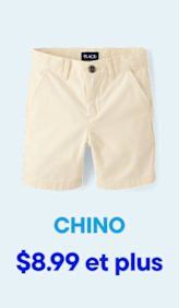 Un short chino couleur crème est présenté sur un fond bleu clair avec le texte « CHINO 8,99 $ et plus » en dessous.