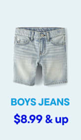Light wash denim shorts for boys are displayed against a pale blue background with the text "BOYS JEANS $8.99 & up" below.