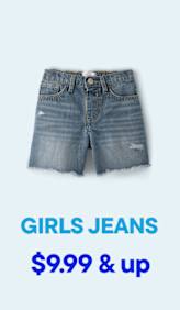 A pair of distressed denim shorts with a frayed hem is displayed against a light blue background with text indicating "GIRLS JEANS $9.99 & up".