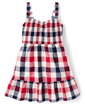 Girls Gingham Smocked Ruffle Dress