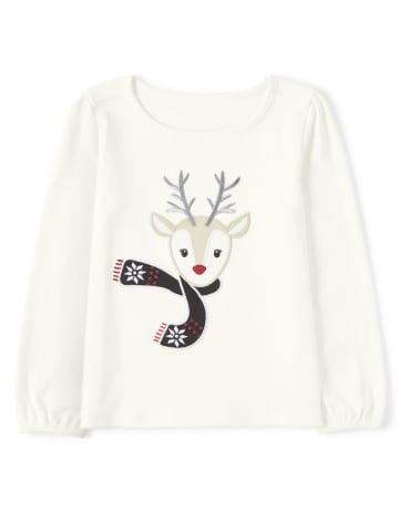 Girls Embroidered Reindeer Top - Reindeer Cheer