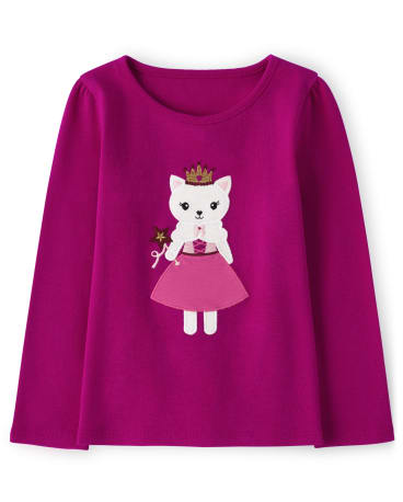 Girls Embroidered Cat Top - Royal Princess