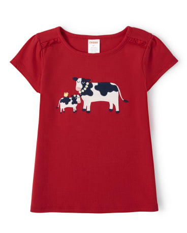 Girls Embroidered Cow Ruffle Top - Farming Friends