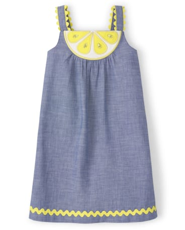 Girls Embrodiered Lemon Chambray Dress - Citrus & Sunshine