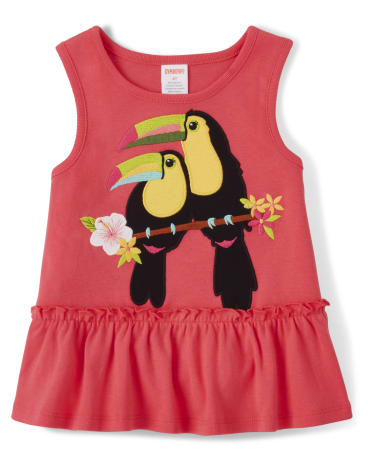 Girls Embroidered Toucan Ruffle Top - Pineapple Punch