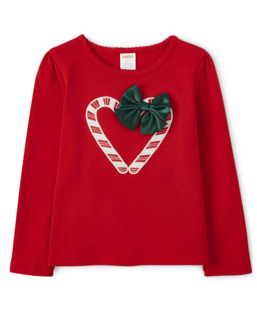 Girls Embroidered Candy Cane Heart Top - Holiday Express